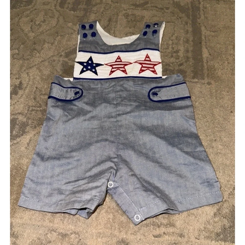 Lil Cactus Baby 3-6 Months‎ SMOCKED Shortalls RED WHITE BLUE STARS & STRIPES